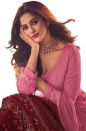 RUDRAPRAYAG Georgette and Santoon Anarkali Long Gown for Women | Semi Stitched Anarkali Gown for Women | Gown in Clothing & Accessories Pink_Free Size