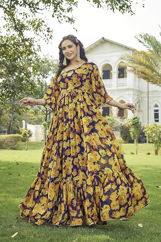 Samprag Georgette Gown for Women | Full Length | Printed | Fit & Flare | Flared & Bell Sleeves | Round Neck | Ethenic Dress | Ideal for Casual, Wedding & Party Occassions | Yellow | M