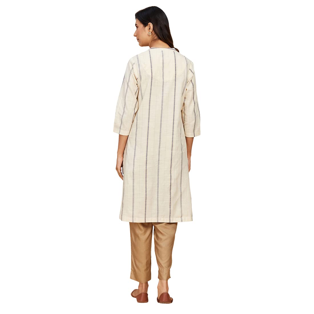 Fabindia Women's Cotton Blend Striped Regular Kurta (102918802_Natural