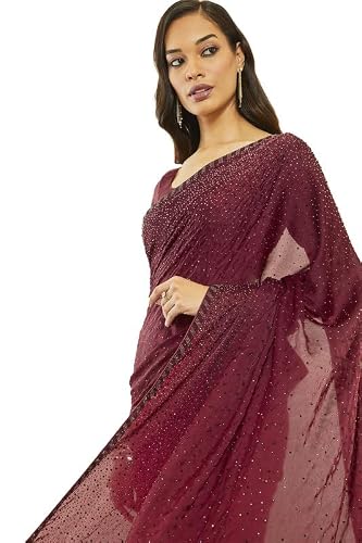 Soch Womens Maroon Crepe All-Over Stone Embellished Saree