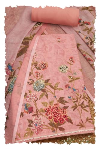 Soch Womens Peach Linen Floral Print Unstitch Dress Material With Sequins