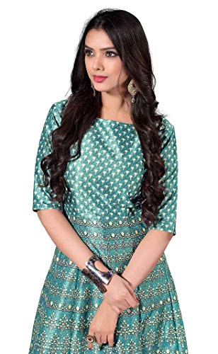 Zeel Clothing Silk A-line Long Printed Green Gown For Women's (Medium)