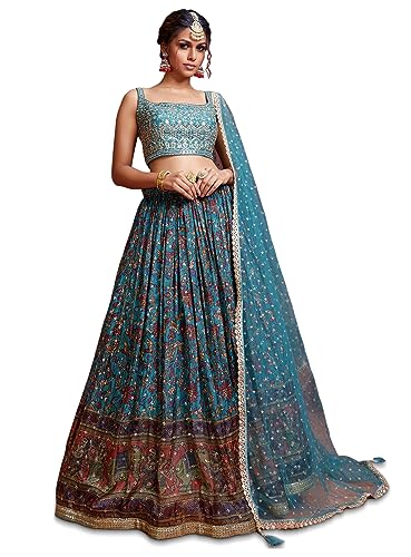 Zeel Clothing Women's Silk Embroidered Semi-Stitched Wedding Lehenga Choli with Dupatta (106-Blue-Wedding-Bridal-Lehenga-Choli; Free Size)