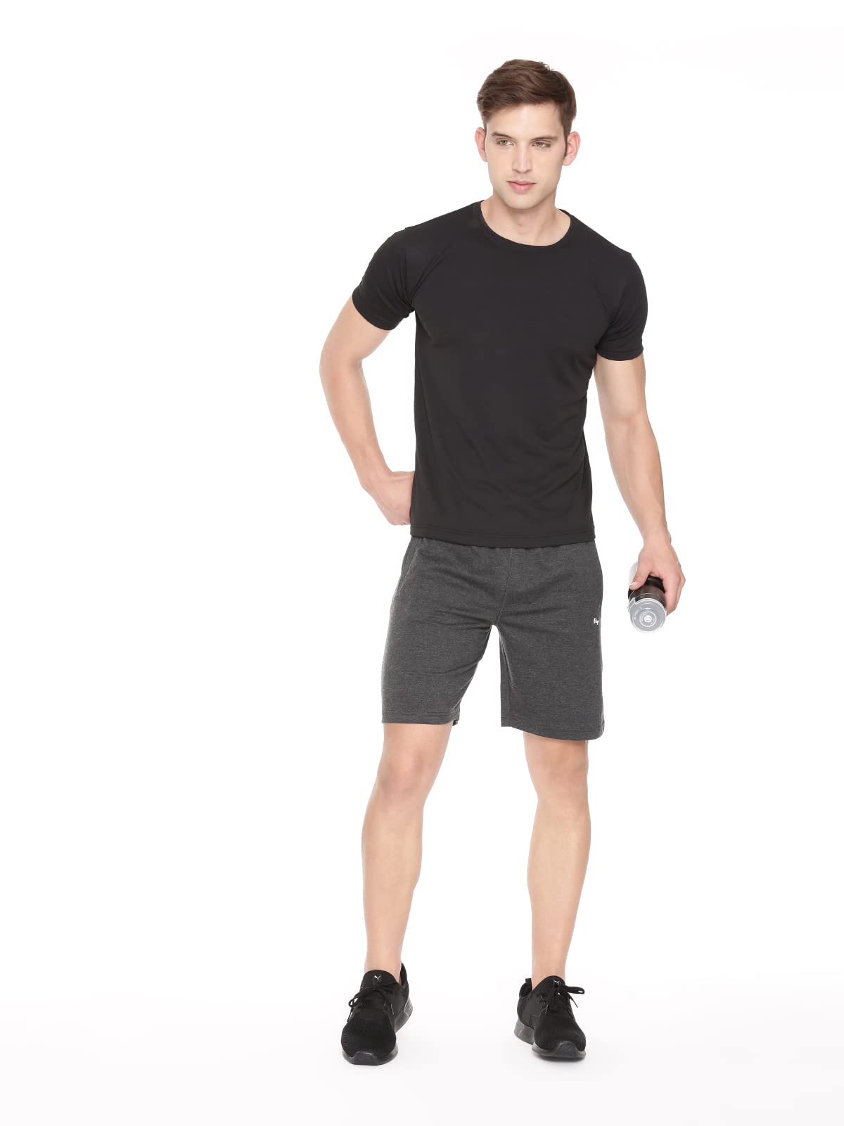 Pepe Jeans Athleisure Men Knit Cotton Stretch Shorts | Breathable Cotton Jersey, Gym and Casual Wear | with Drawstring and Zip Pocket in Black Melange - M