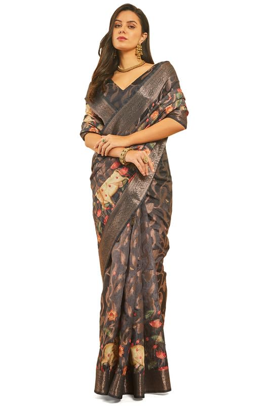 Soch Womens Black Floral Print Chanderi Jacquard Weave Saree