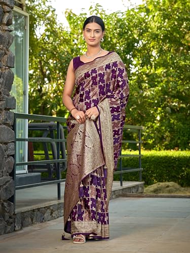 MANOHARI Women's Most Trendy Banarasi Satin Silk Woven Purple Wine Saree With Heavy Jacquard Work Saree With Blouse Piece_MN2054