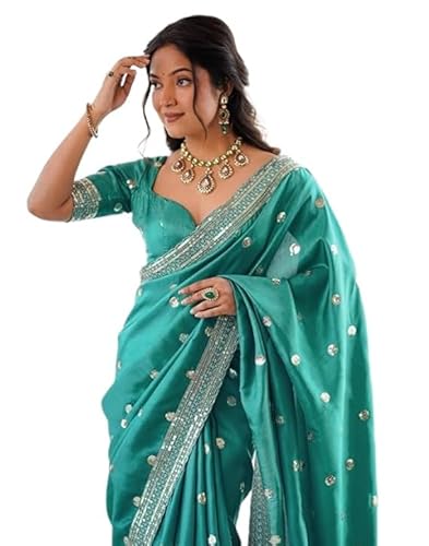 SIRIL Women's Silk Sequence Embroidery Lace Saree With Sequence Embroidery Unstitched Blouse Piece(4865S213_Teal Green)