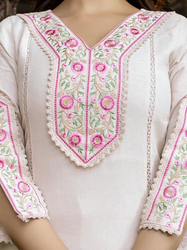 TRENDMALLS Women's Cotton Embroidery Kurta Pant with Dupatta Salwar Suit Set (G287-Offwhite-3XL-)
