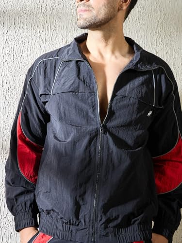 FUGAZEE Black & Red Crinkle Windbreaker Jacket for Men | Reflective Piping | Turtle Neck | Zipped Closure | Lightweight Polyester | Stylish Cut & Sew Design - XXL