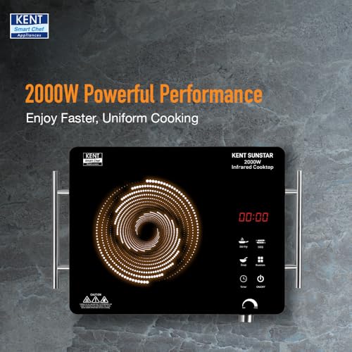 KENT Sunstar Infrared Cooktop 2000W | 3 Preset Menus | Grill Stand to BBQ & Roast | Microcrystalline Glass | Digital Functions with LED Display | Adjustable Temperature Knob | SS Handle |Auto Cut-Off
