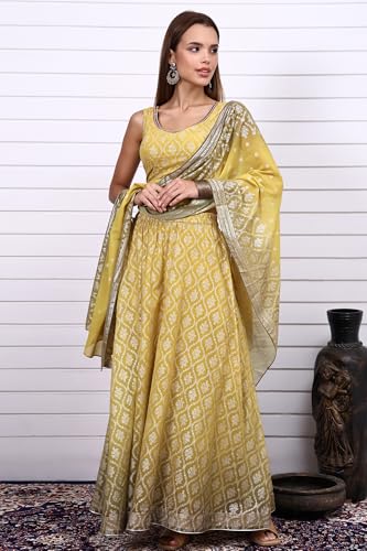 Aurelia Women's Lime Green Digital Printed Beads Straight Crop Top, Flared Skirt and Dupatta Set (Size: XS)-AS16171-509919
