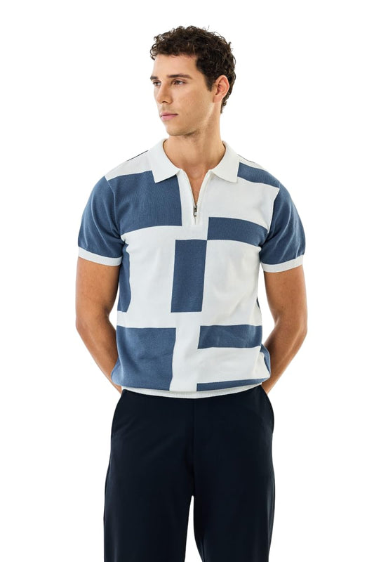 SNITCH Men's Polo T-Shirt | Colour Blocked Pattern & Color-Block Design | 100% Cotton Fabric, Zipper Neckline & Regular Fit | Casual Wear for Everyday Comfort | Blue