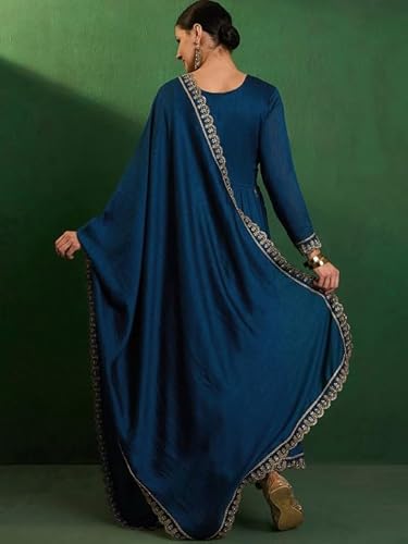 AVYUKTHA | Women Ethnic Motifs Embroidered Kurta with Trors & Dupatta | Traditional Thread Work Kurta Set for Festive & Daily | Navy | Size- 2XL