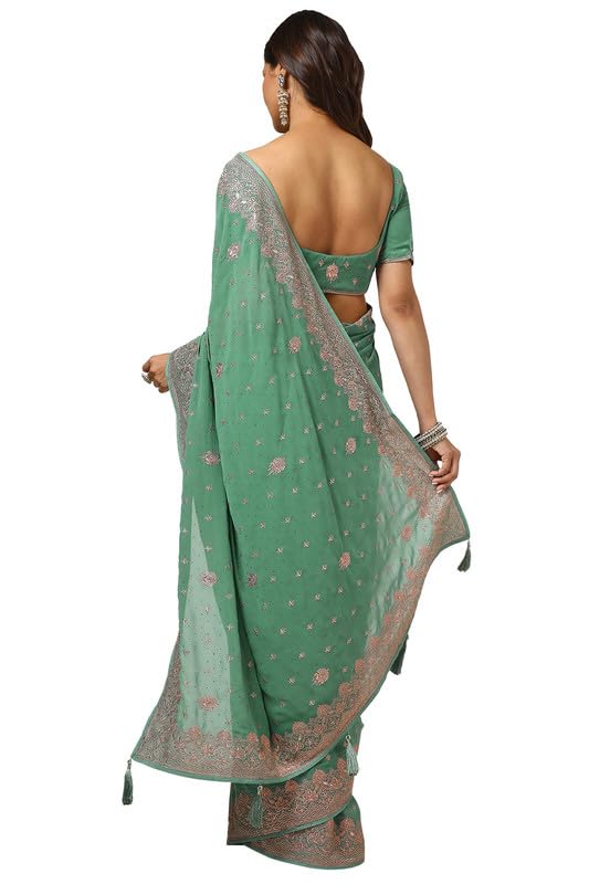 Soch Womens Light Green Georgette Embroidered Saree With Stone Work