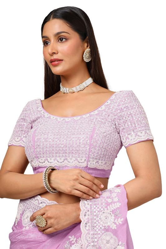 Soch Womens Lavender Organza Embroidered Saree With Beads And Stones