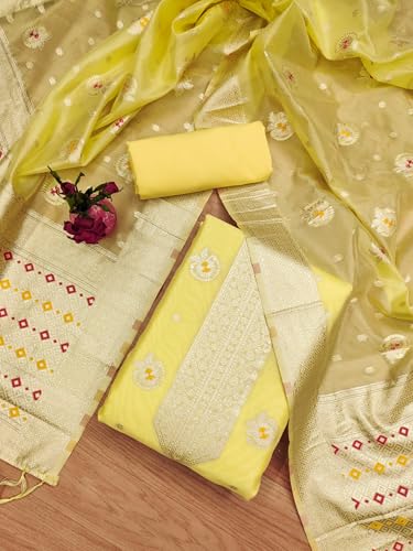 Leeli Peeri Designer Women's Yellow Organza Zari Woven Ethnic Motif Unstitched Dress Material(806PDM4)