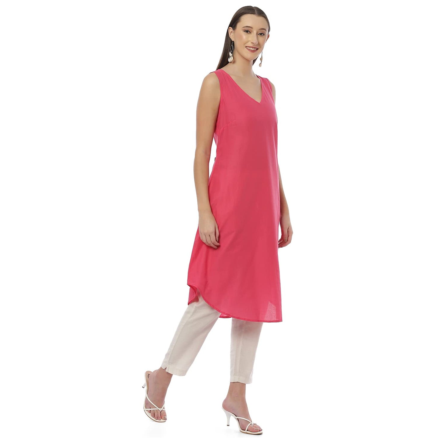 BIBA Women's Pink Cotton Blend Straight Printed Fusion Wear