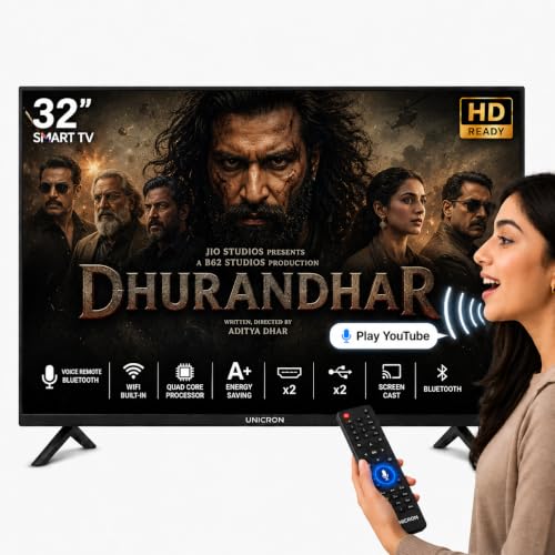 UNICRON 32 Inch Frameless Smart LED TV | Voice Control Android Smart TV | Bluetooth, WiFi, Screen Mirroring | HD Ready Display | HDMI, USB Connectivity | Smart Television for Home, Bedroom
