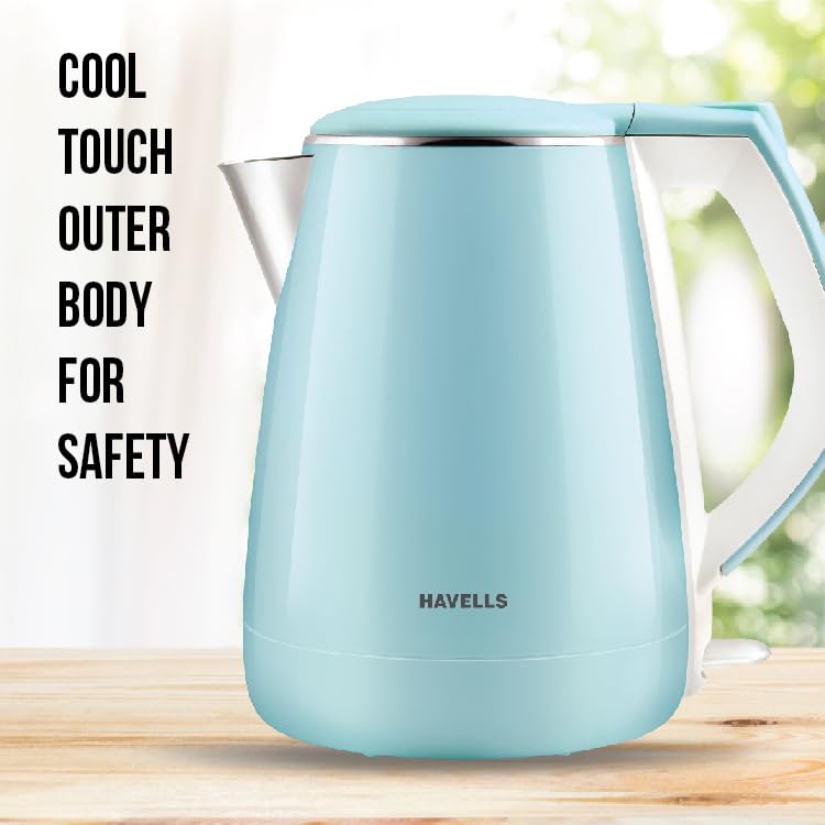 Havells Aqua Plus Electric Kettle 1.2 Litre, 1250 Watt | 304 Stainless Steel Inner Body | Cool Touch Body | Auto Shut-Off |Wider Mouth| 2 Year Warranty (Blue)