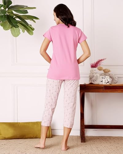BODYCARE Women's Cotton Printed T-Shirt and Capri Set | Soft & Breathable Nightwear | Short Sleeves | Loungewear Co-Ord Set| BSCS16037_90 Multicolour