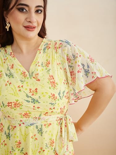 Miss Chase A+ Women's Bohemian V-Neck Flutter Sleeve Chiffon Relaxed Fit Wrap Maxi Dress (APAW24D94-14-PAC-09, Multicolored Base Marigold Yellow, 4XL)