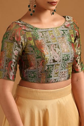 Soch Womens Olive Silk Blend Banaras Meena Jacquard Weave in Dark Colour Blouse with Zari Woven