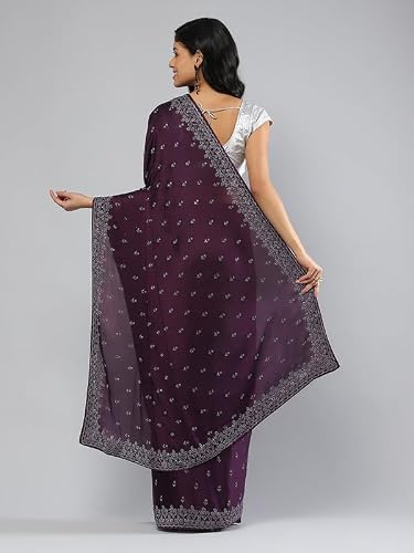 Meena Bazaar Purple Embellished Satin Saree With Blouse Piece