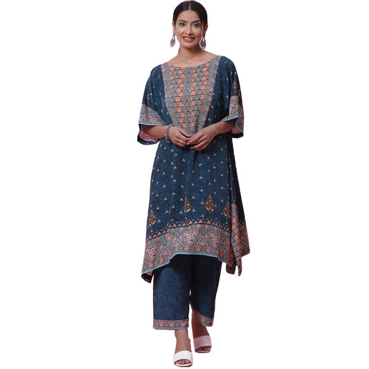 BIBA WOMEN PRINTED STRAIGHT SALWAR KURTA DUPATTA(SKDKAFTAN K7843_TEAL_42)