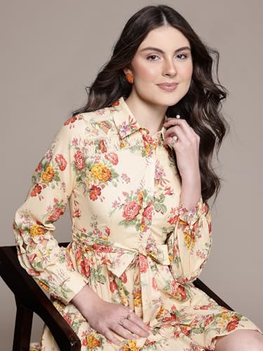 Label RITU KUMAR Collar Neck Full Sleeves Printed Short Dress with Belt Ecru