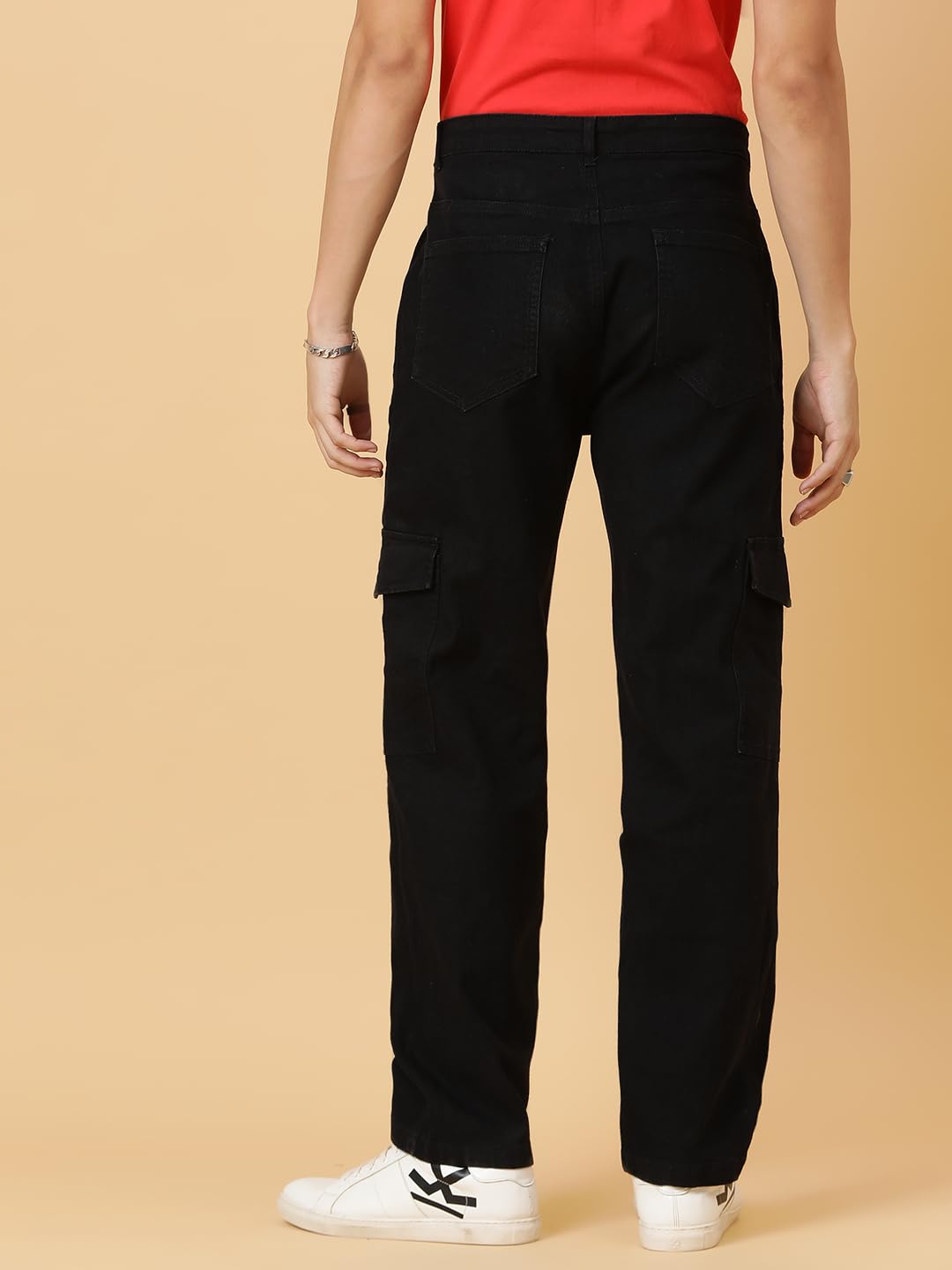 KOTTY Men's Solid Mid Rise Straight Fit Stylish Looking Cargo Jeans(Black,34)