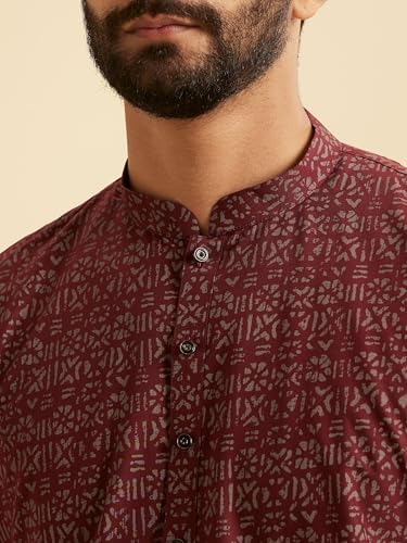 Manyavar Men's Cotton Blend Tribal Prints Kurta (Maroon,XXL)