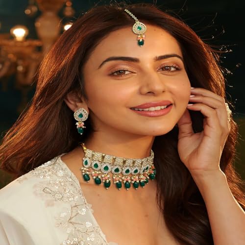 ACCESSHER Gold-Tone Green Stone Choker With Maangtikka And Earrings With a Pair of Transparent Earring & Maangtikka Supporter Patch | For Women & Girls