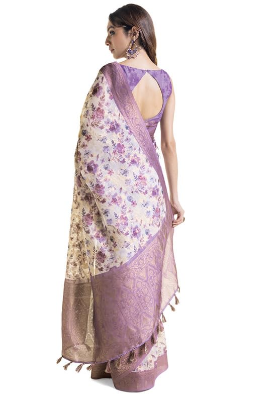 Soch Womens Purple Chanderi Floral Print Saree With Tassels