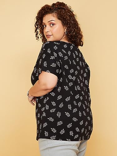 Max Women Plus Size Pure Cotton Printed Round Neck T-shirt (SP23ELITE03P_Black)