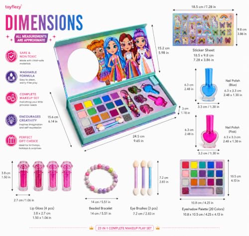 Kids Washable Makeup Kit for Girls with Mirror, Pretend Play Cosmetic Set, Eyeshadow Palette, Lip Gloss, Brushes & Accessories Gift Toy