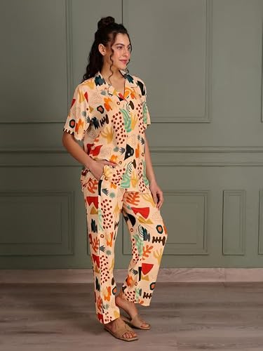 TITTLI Women Digital Printed Nightsuit | Shirt and Pyjama Co-Ord Set | Short Sleeve Sleepwear | Comfortable Nightwear with Pockets | Comfort in Travel | L | XL | XXL Cream