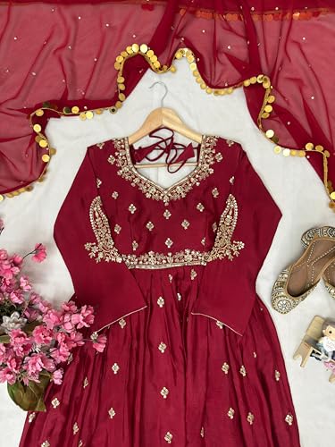 styledaura Women Chinon Silk Embroidered Anarkali Gown with Dupatta | Sequins & Zari Work | Fully Stitched Ethnic Wear | Long Flared Dress (Size-M, Maroon) (in, Alpha, XL, Regular)