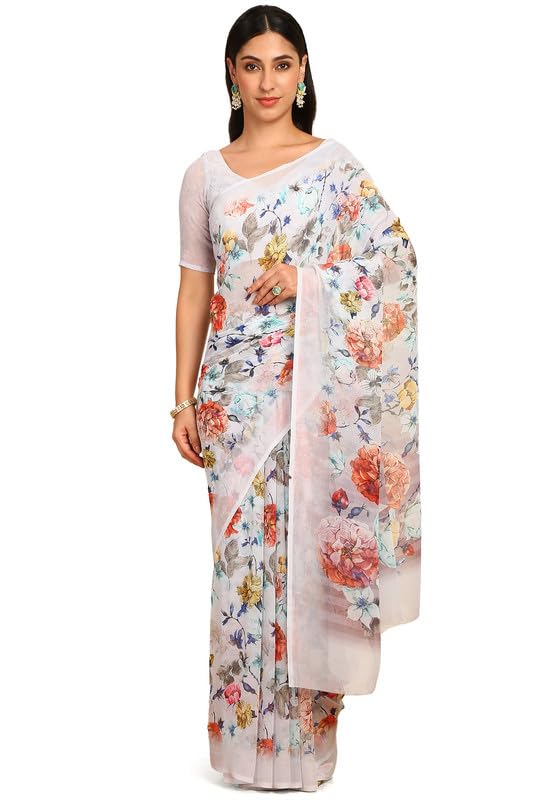 Soch Womens Off White Georgette Floral Print Saree