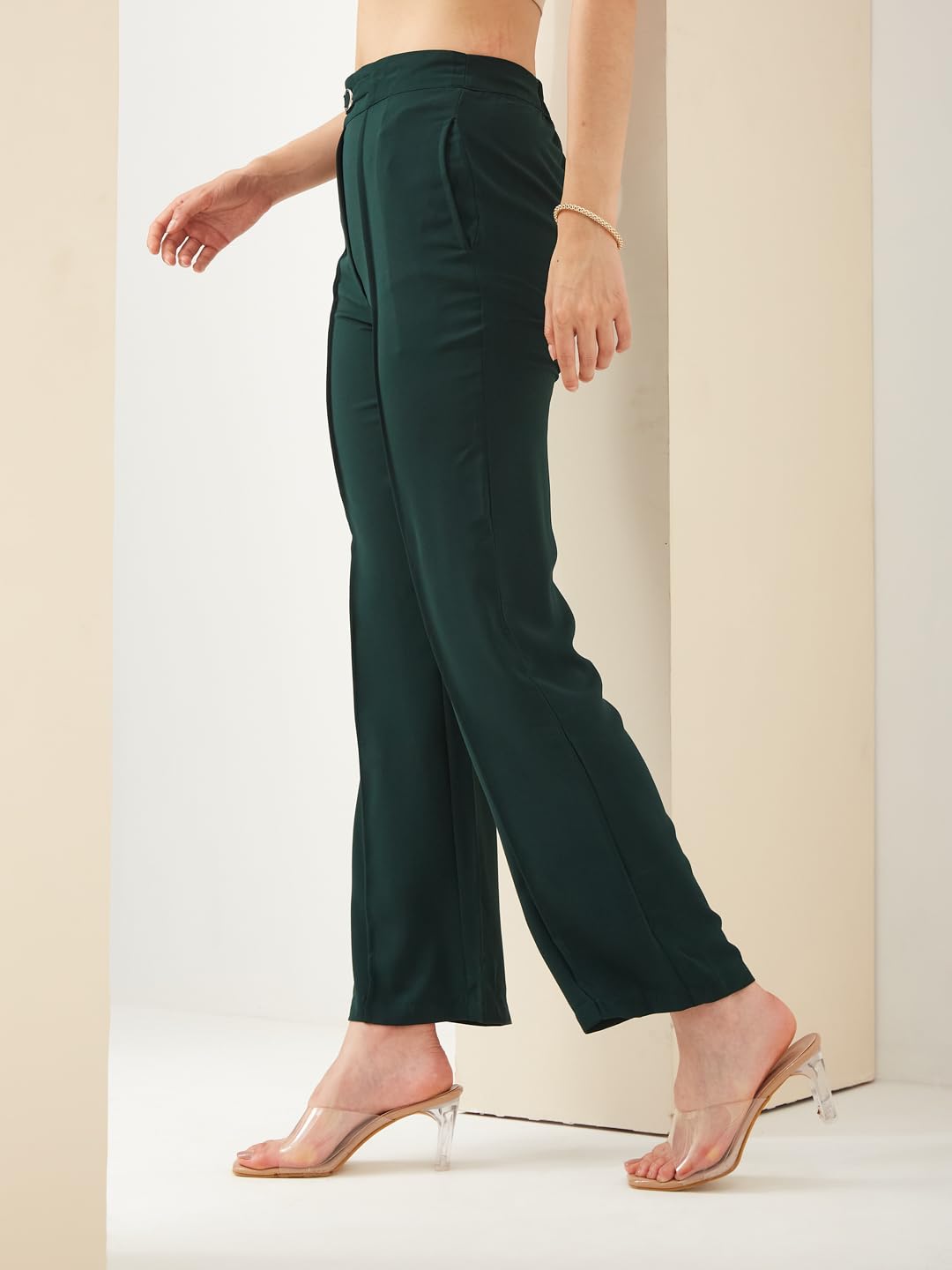 Latin Quarters Women Green Straight Fit Solid High Rise Casual Trouser_S