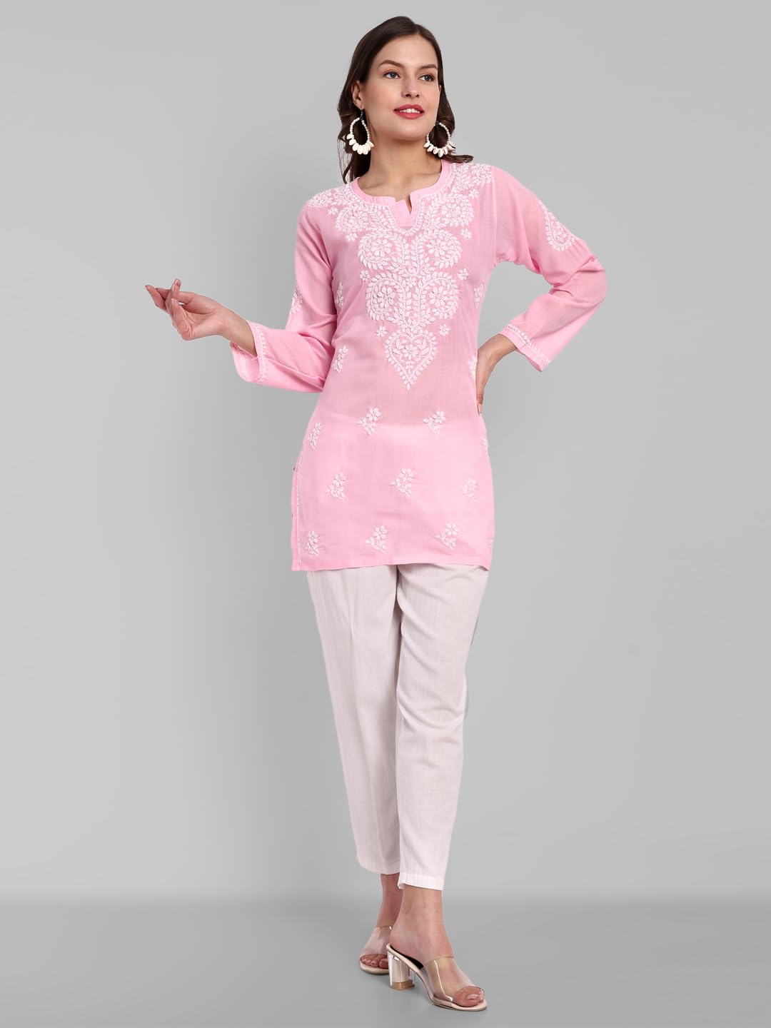 Ada Hand Embroidered Lucknowi Chikankari Cotton Straight Short Top Kurti for Women A911345 Powder Pink (4XL)