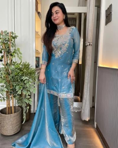 Women's Blue Silk Blend Straight Kurta Set With Dupatta And Palazzo