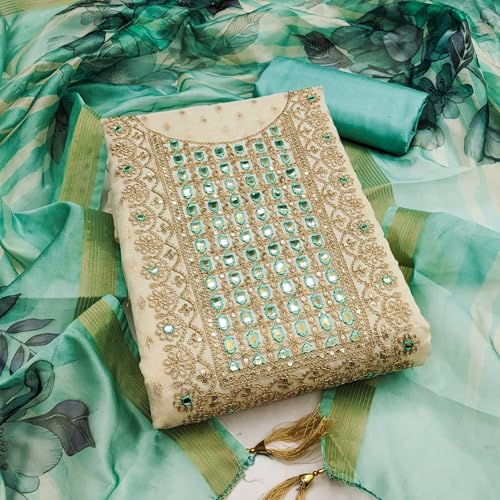 Leeli Peeri Designer Women's Simmer Silk Mirror Embroidery Work Unstitched Salwar Suit Dress Material