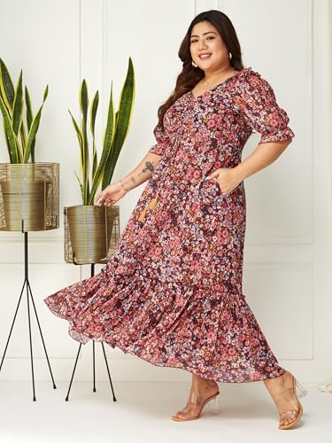 Miss Chase A+ Women's V Neck Puff Sleeve Floral Ankle Length Dress (APAW21D06-35-252-10, Multicolored-Base-Wine, 5XL)
