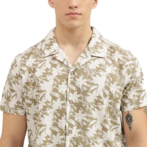 UNITED COLORS OF BENETTON Regular Fit Spread Collar Botanical Print Shirts (Size: 2XL)-24P5BS71U008I902 Light Green