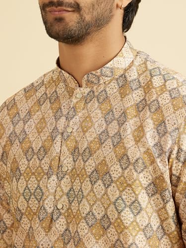 Manyavar Men's Viscose Blend Print Long Kurta (Fawn,XL)