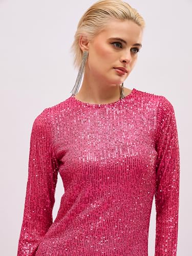 Sassafras Women Fuchsia Sequin Round Neck Side Slit Midi Dress L