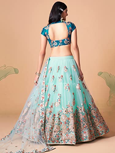 Zeel Clothing Women's Net Embroidered Semi-Stitched Bridal New Lehenga Choli with Dupatta (7320-SkyBlue-Wedding-Bridal-Latest; Free Size) (Sky Blue)
