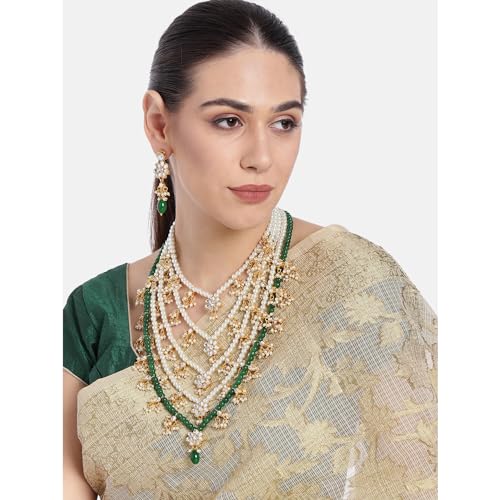 Peora Traditional Green Floral Multi Layered Long Necklace Earrings Jewellery Set For Women Girls