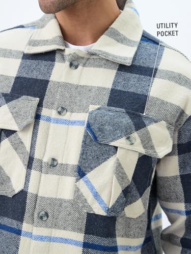 The Souled Store Plaid: Cream, Blue, Grey Men and Boys Full Sleeves Spread Collar Cotton Twill Warm Durable Heavy Winter Oversized Shackets