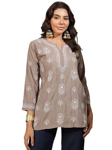 Ada Hand Embroidered Lucknowi Chikankari Chanderi Short Kurti Top Tunic for Women A911562 Stone Brown (3XL)